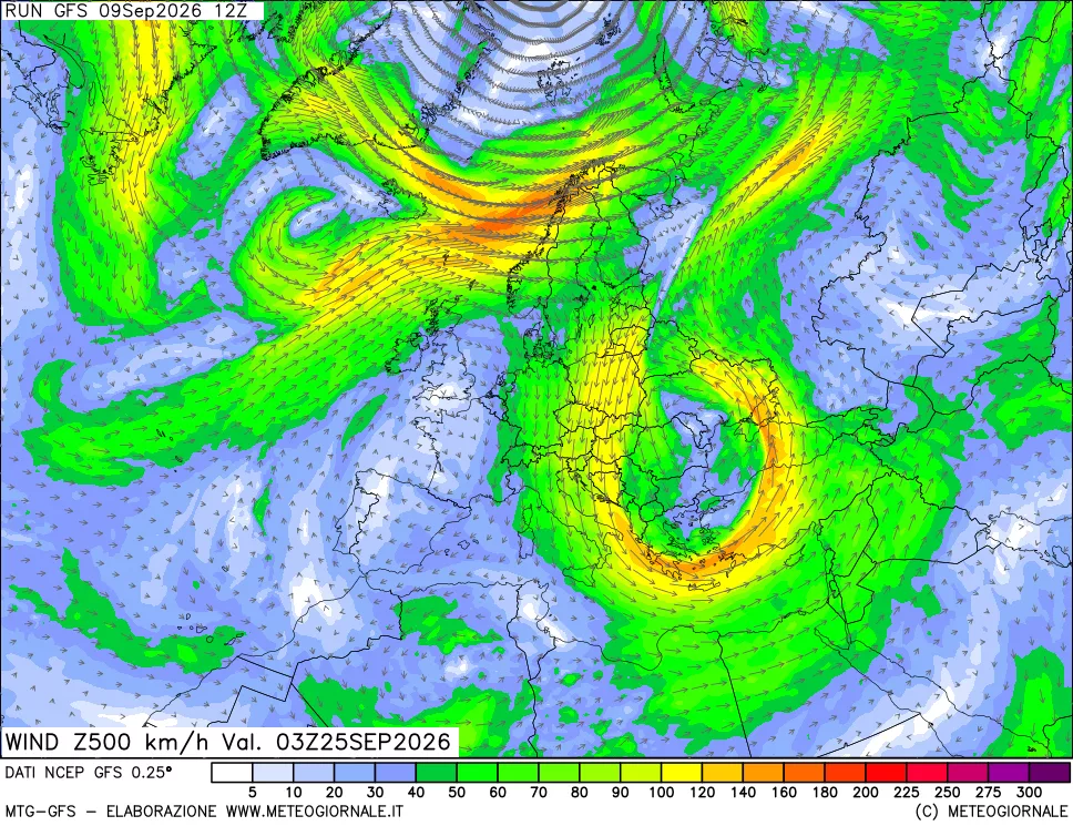 mappa 500 hPa Vento forza e direzione
