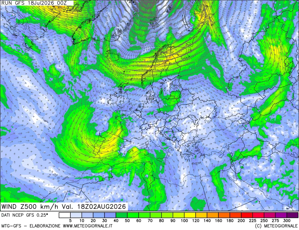 mappa 500 hPa Vento forza e direzione