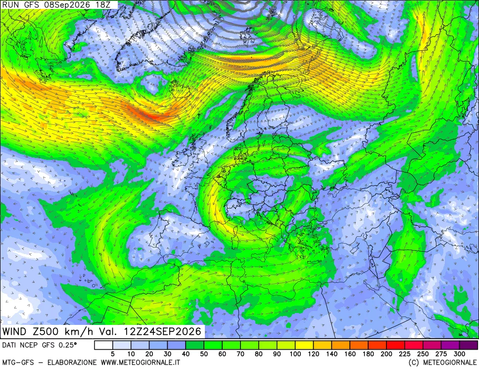 mappa 500 hPa Vento forza e direzione