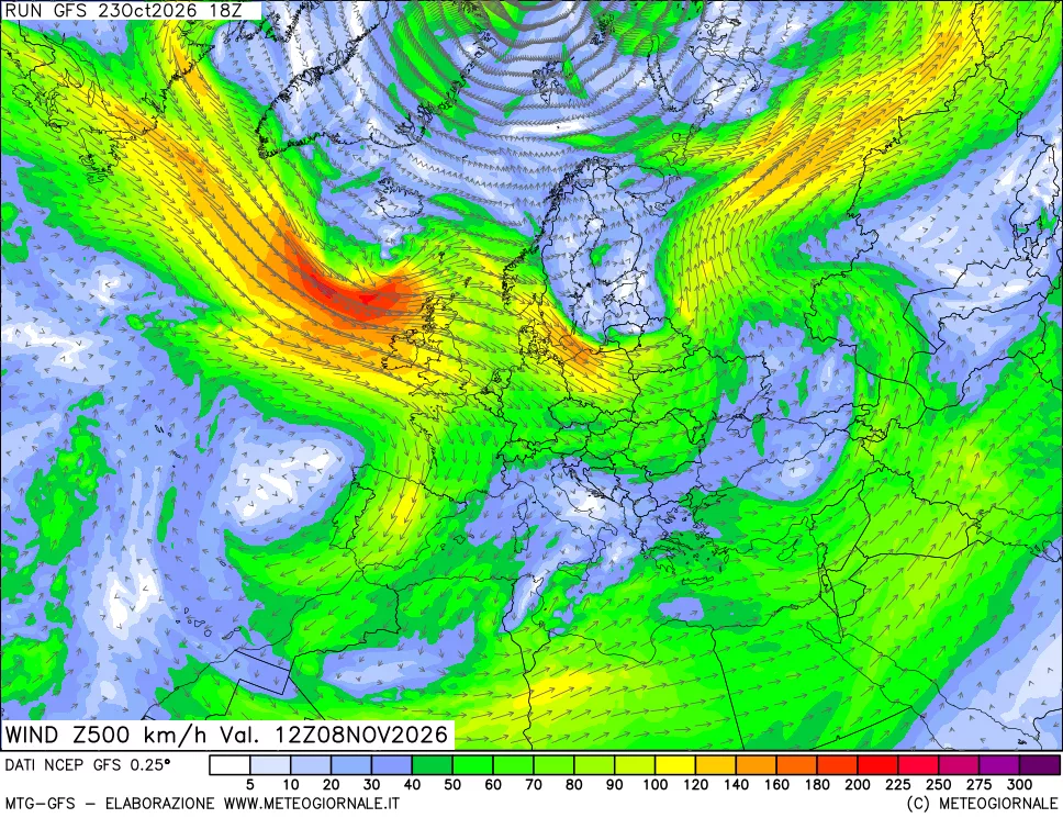mappa 500 hPa Vento forza e direzione