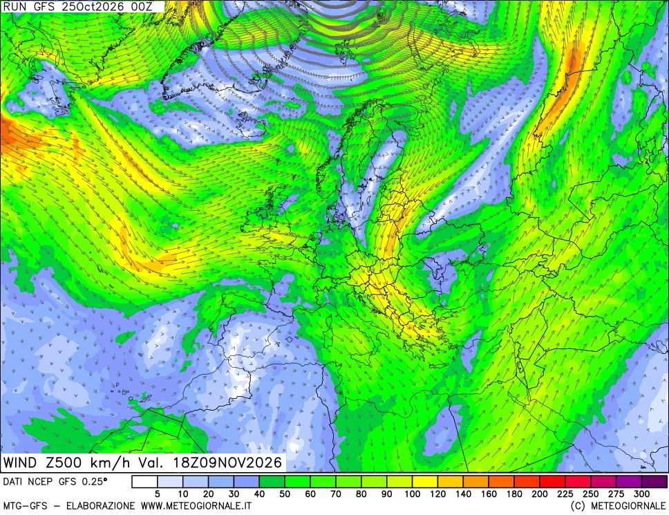 mappa 500 hPa Vento forza e direzione