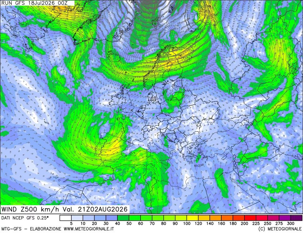 mappa 500 hPa Vento forza e direzione