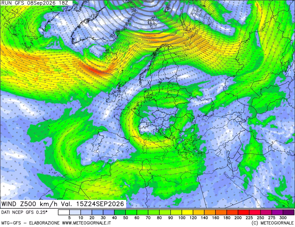mappa 500 hPa Vento forza e direzione