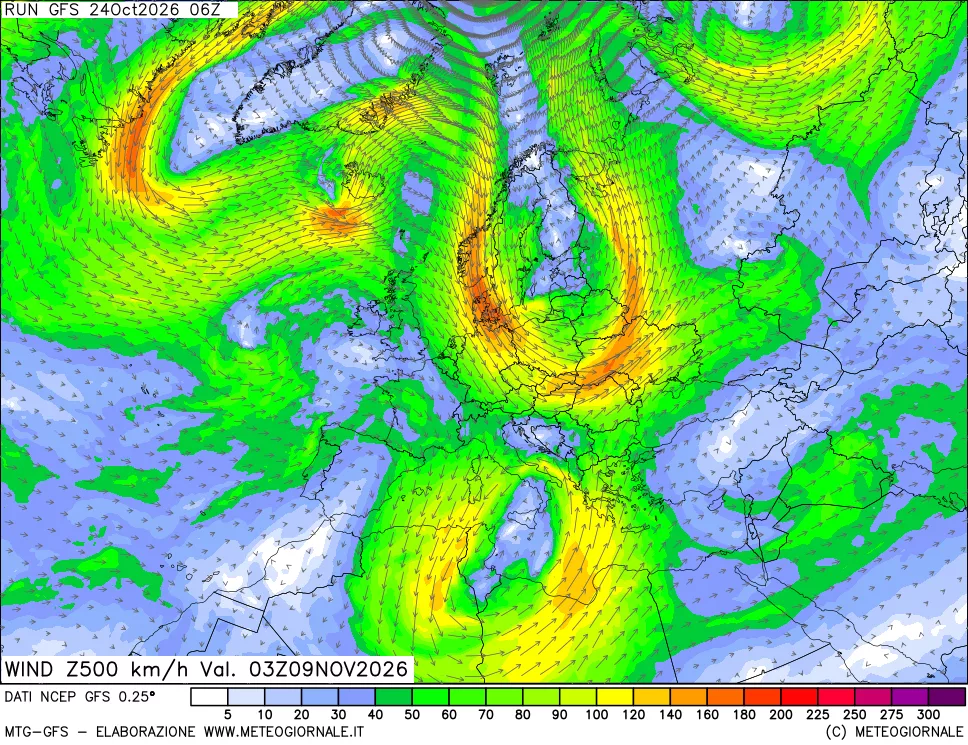 mappa 500 hPa Vento forza e direzione