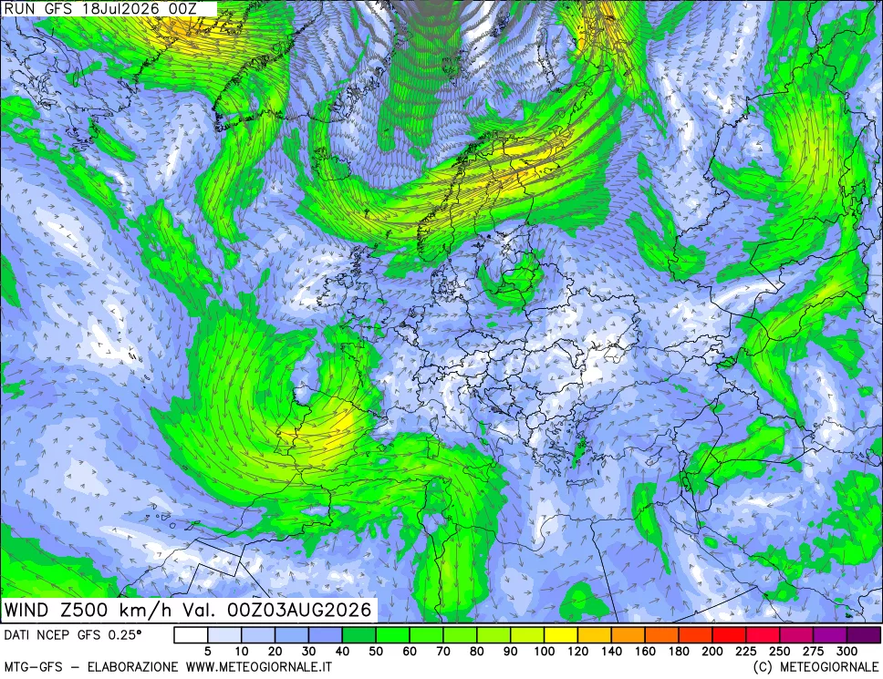 mappa 500 hPa Vento forza e direzione