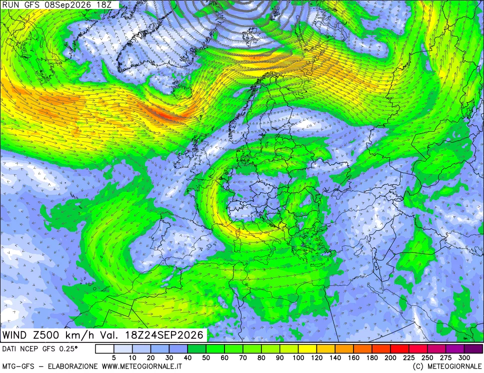 mappa 500 hPa Vento forza e direzione