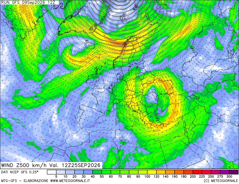 mappa 500 hPa Vento forza e direzione