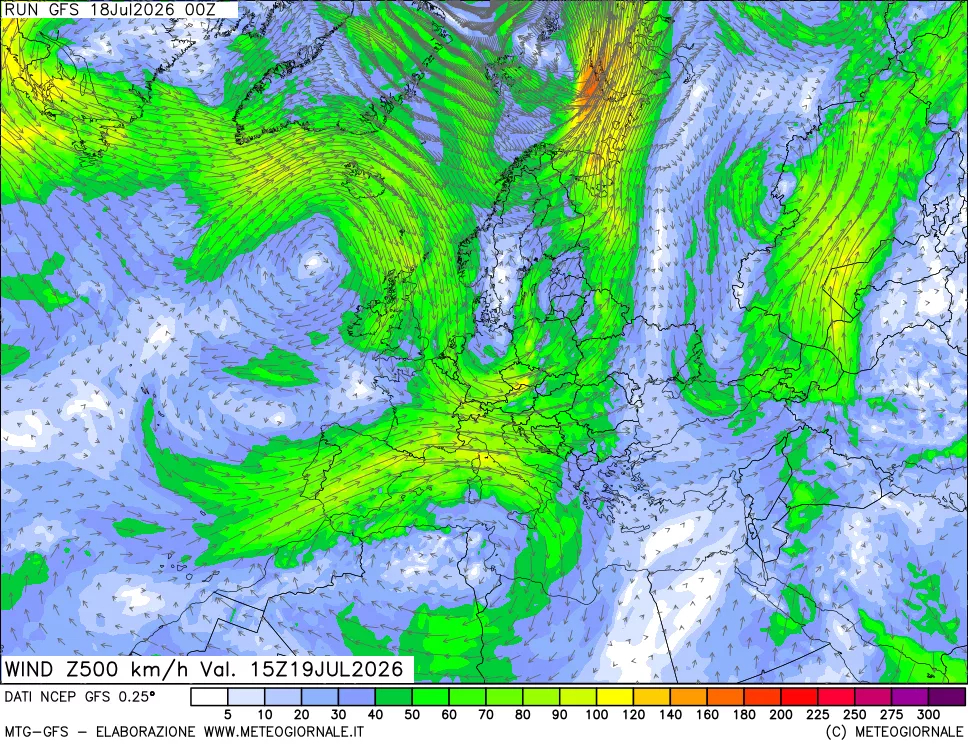 mappa 500 hPa Vento forza e direzione