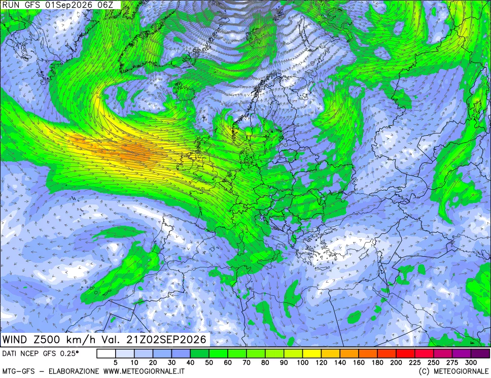mappa 500 hPa Vento forza e direzione