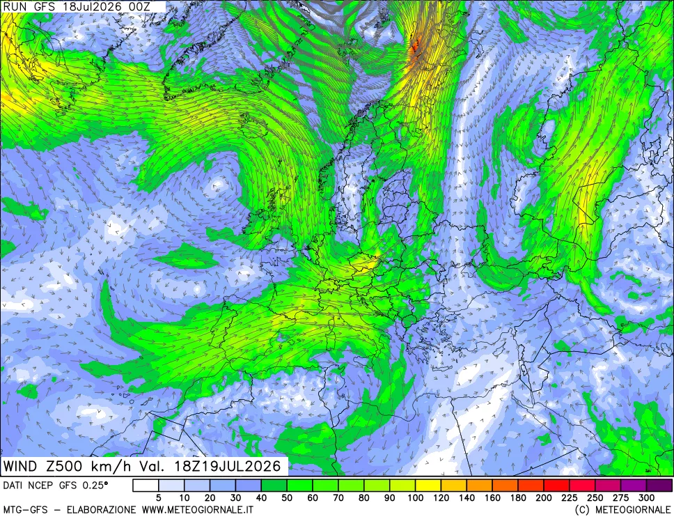 mappa 500 hPa Vento forza e direzione