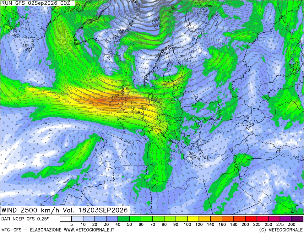 mappa 500 hPa Vento forza e direzione