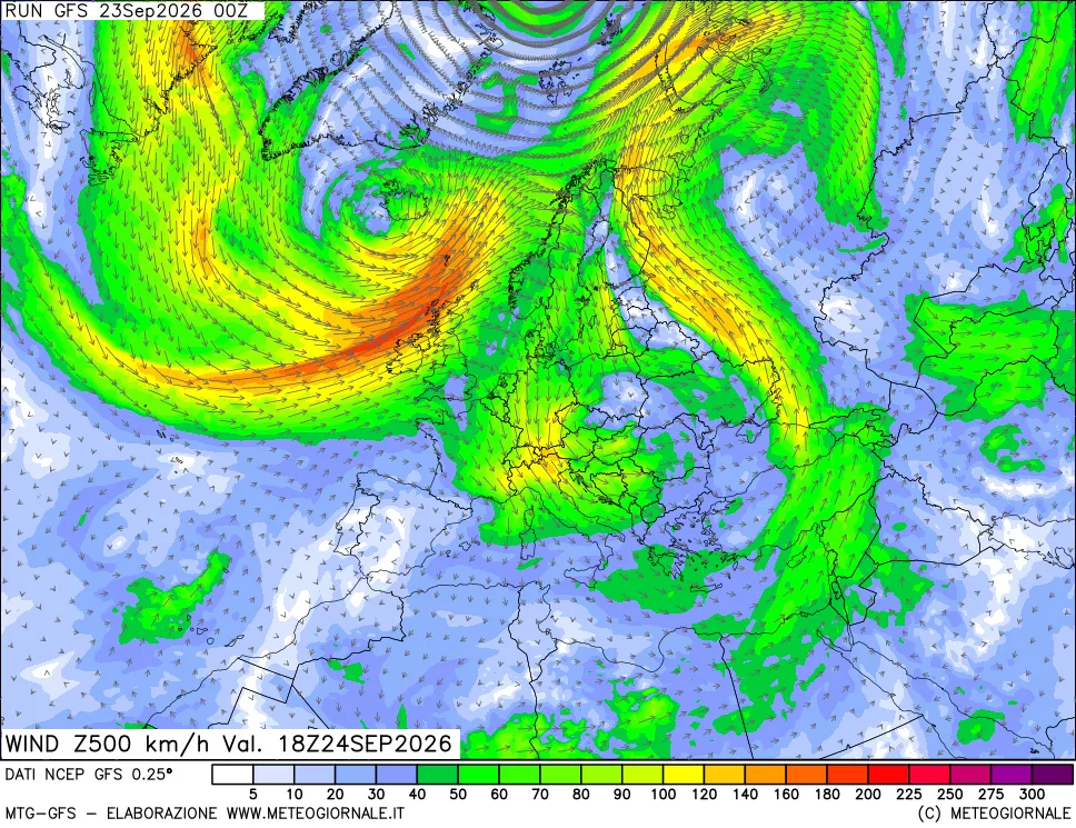 mappa 500 hPa Vento forza e direzione