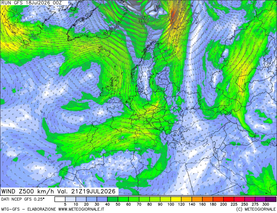 mappa 500 hPa Vento forza e direzione