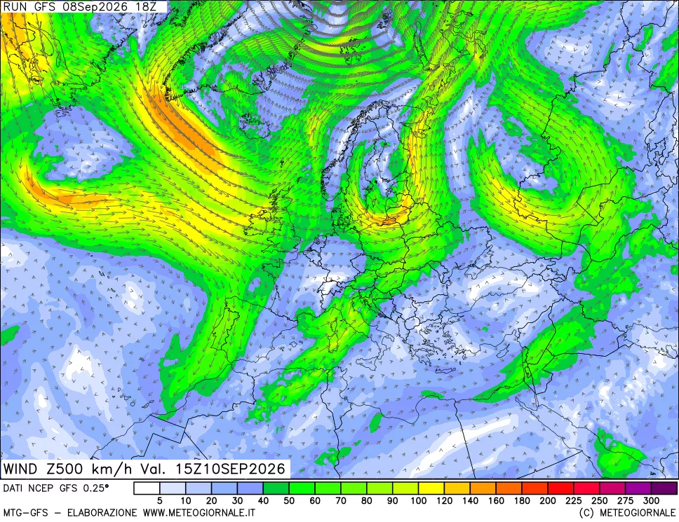 mappa 500 hPa Vento forza e direzione
