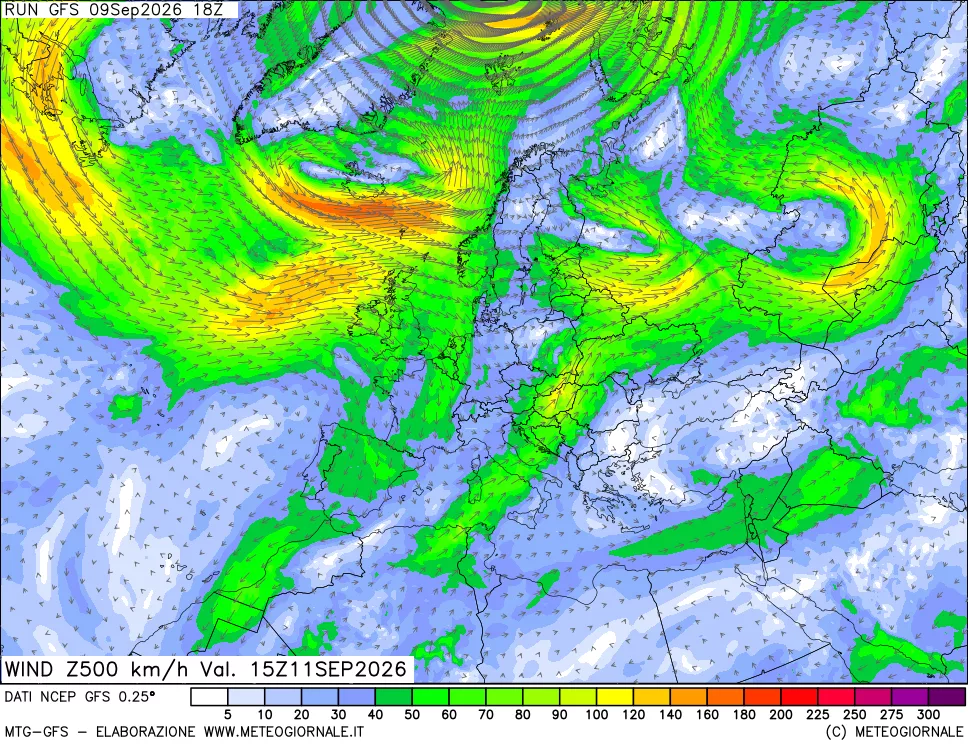 mappa 500 hPa Vento forza e direzione