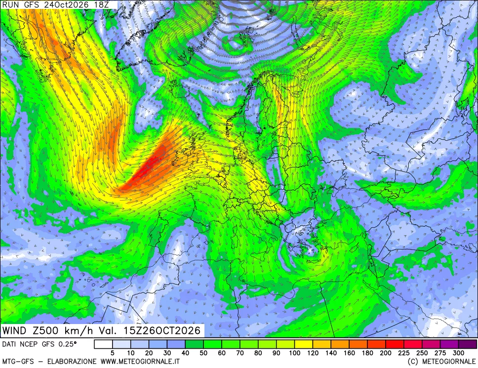 mappa 500 hPa Vento forza e direzione
