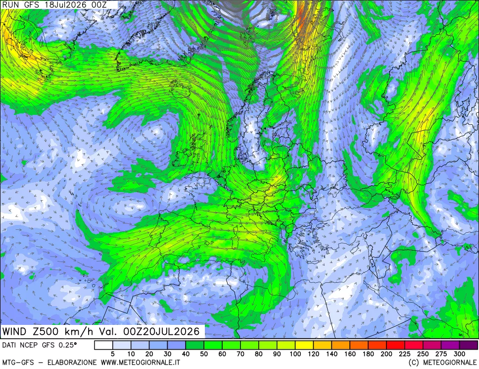 mappa 500 hPa Vento forza e direzione
