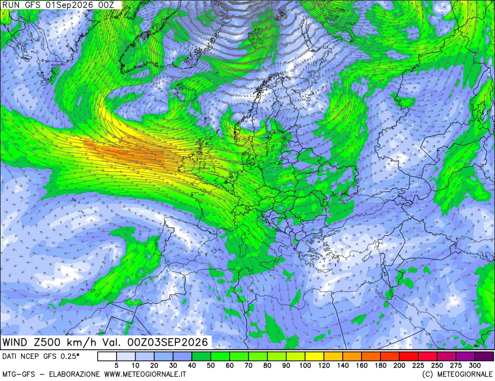 mappa 500 hPa Vento forza e direzione