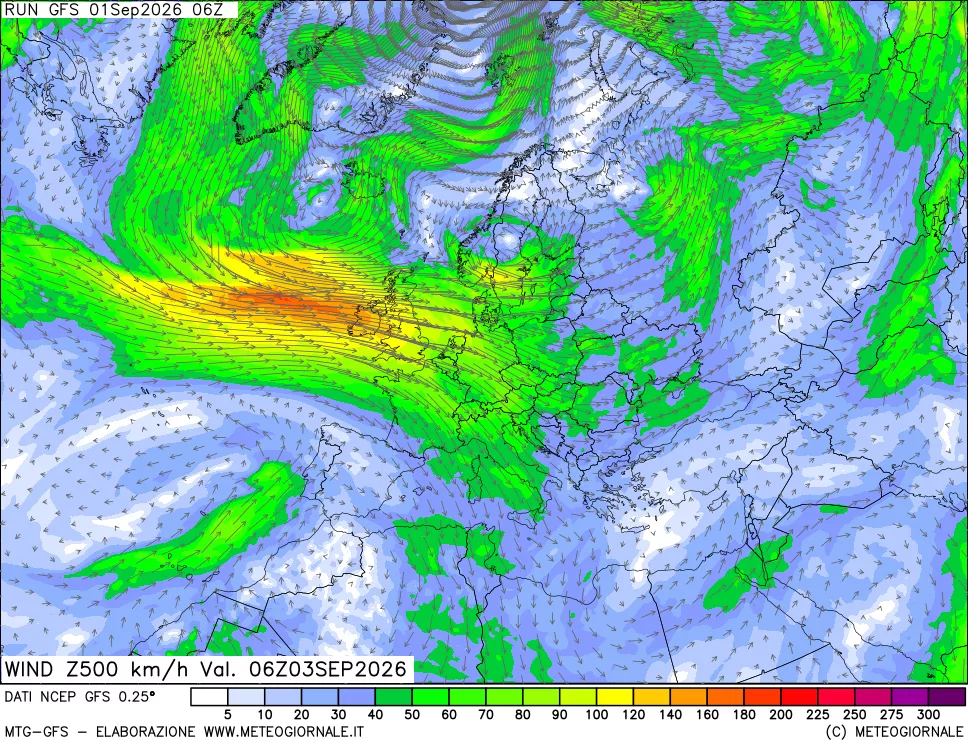 mappa 500 hPa Vento forza e direzione