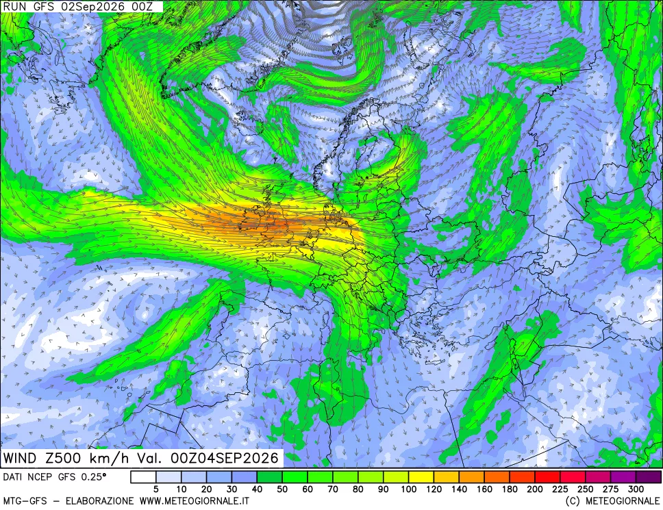 mappa 500 hPa Vento forza e direzione