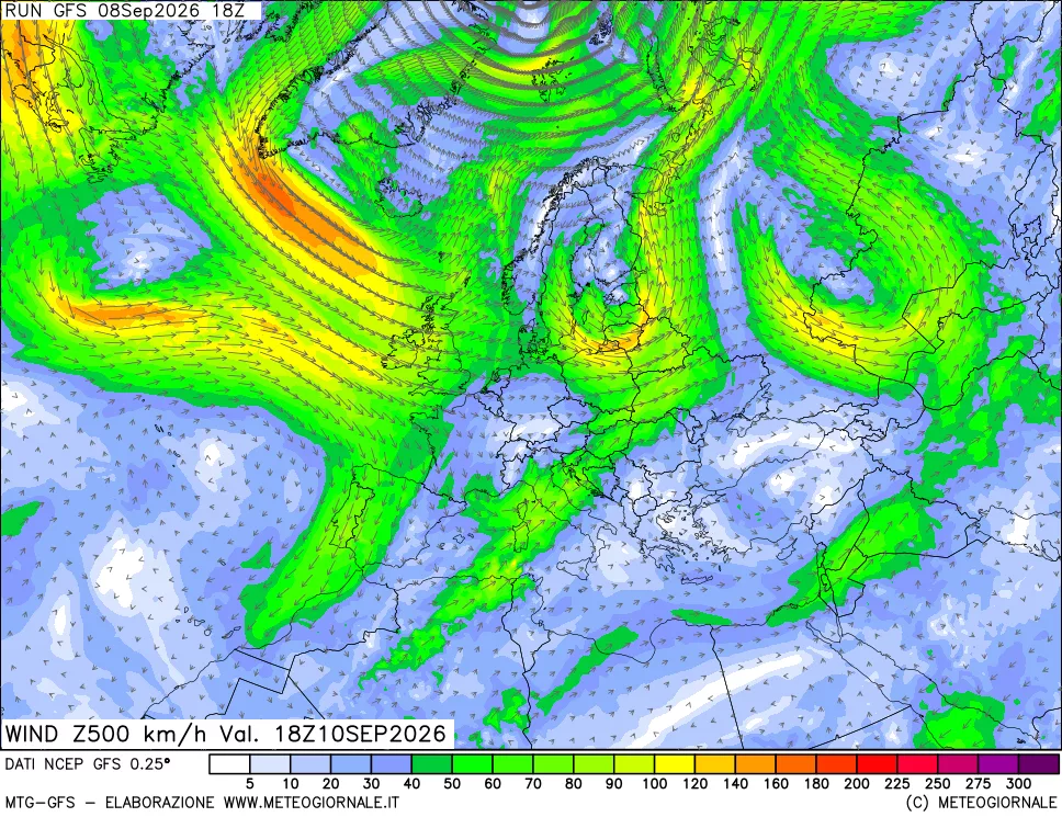 mappa 500 hPa Vento forza e direzione