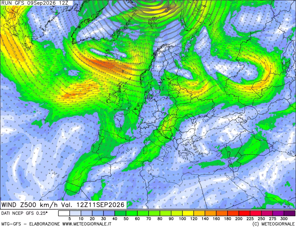 mappa 500 hPa Vento forza e direzione