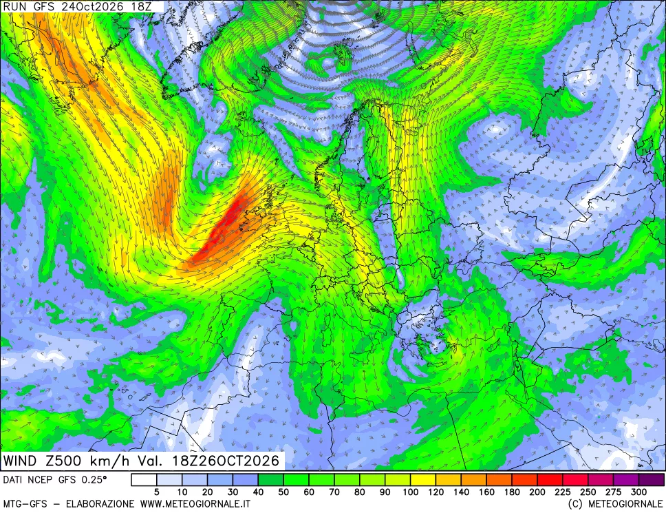 mappa 500 hPa Vento forza e direzione
