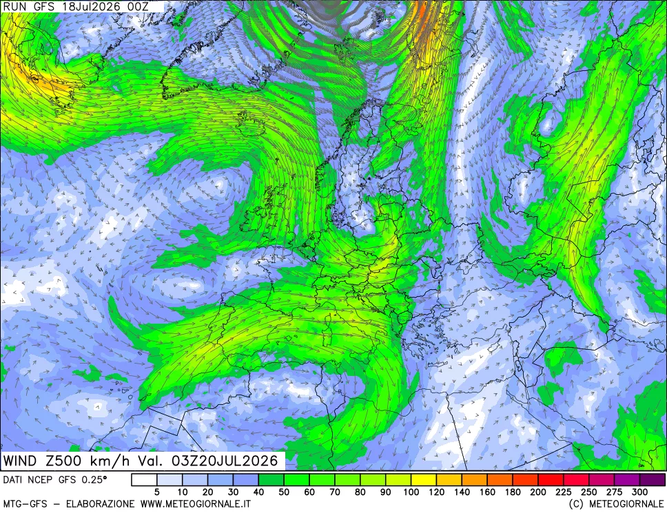 mappa 500 hPa Vento forza e direzione