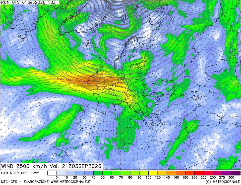 mappa 500 hPa Vento forza e direzione