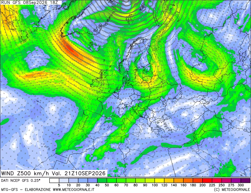 mappa 500 hPa Vento forza e direzione