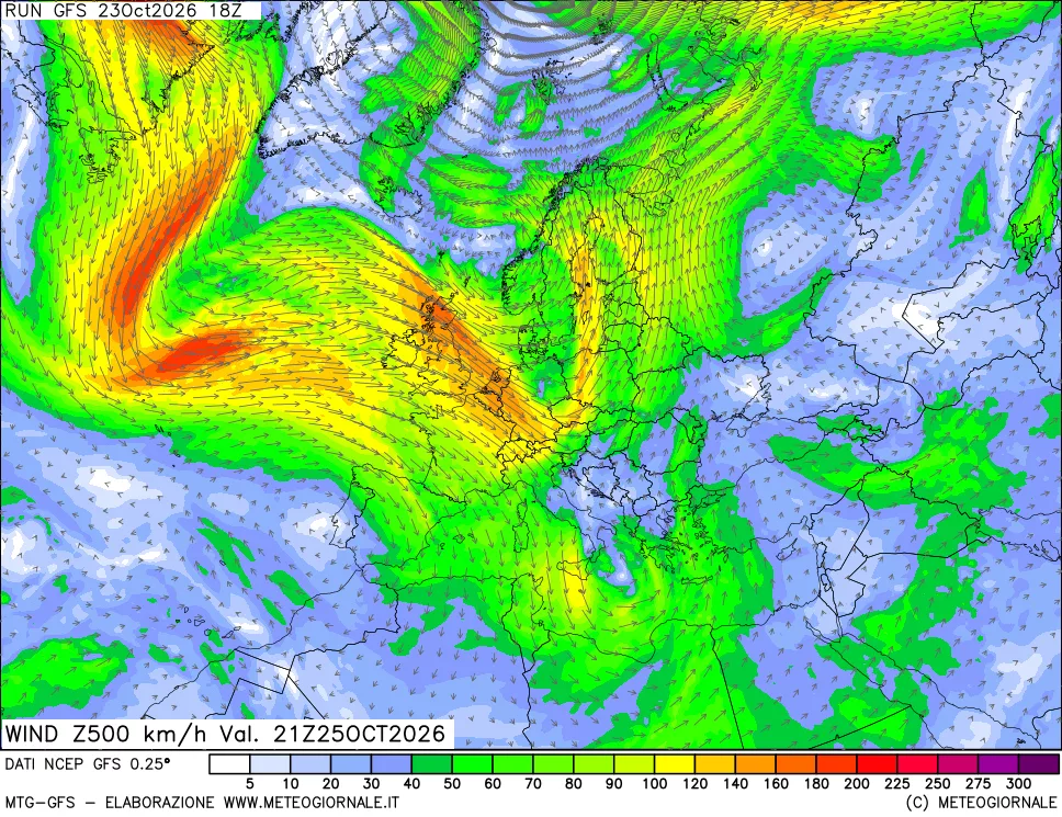 mappa 500 hPa Vento forza e direzione