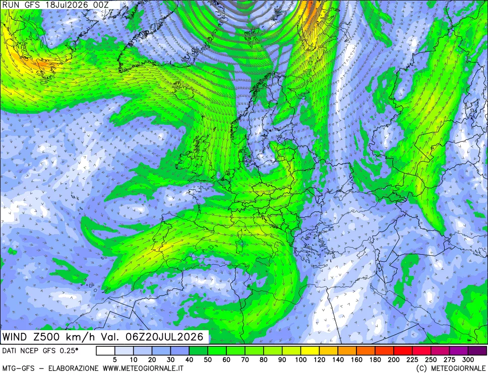 mappa 500 hPa Vento forza e direzione