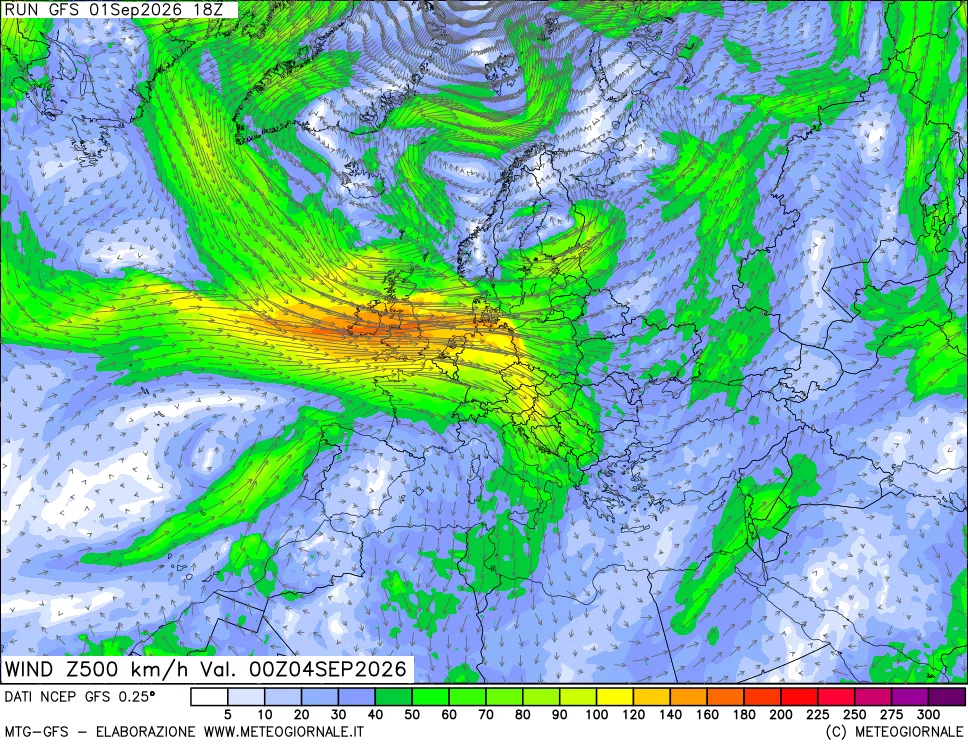 mappa 500 hPa Vento forza e direzione