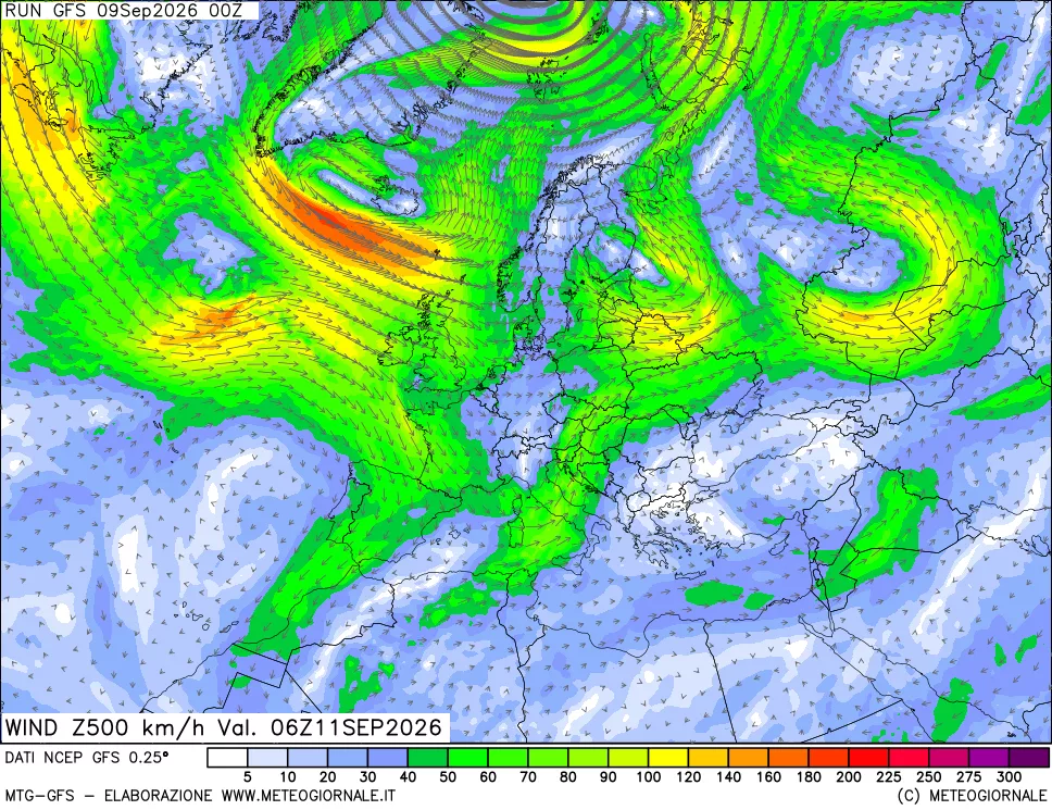 mappa 500 hPa Vento forza e direzione