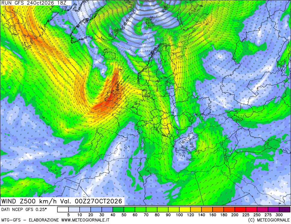 mappa 500 hPa Vento forza e direzione
