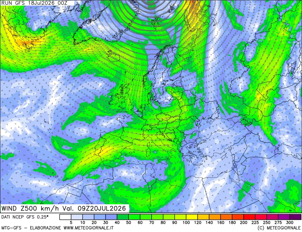 mappa 500 hPa Vento forza e direzione