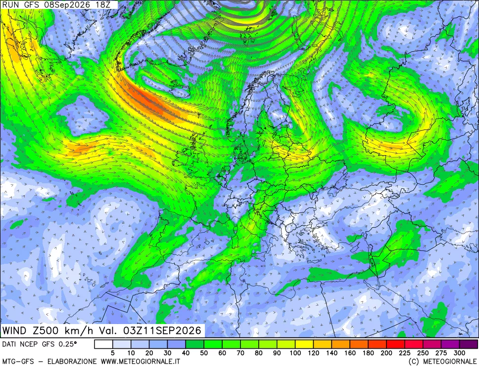 mappa 500 hPa Vento forza e direzione