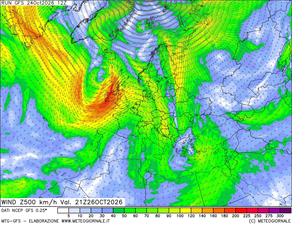 mappa 500 hPa Vento forza e direzione