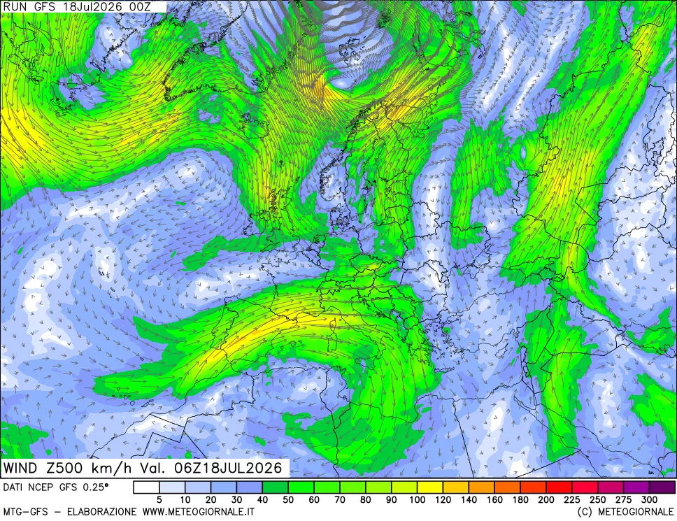 mappa 500 hPa Vento forza e direzione