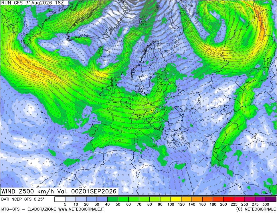 mappa 500 hPa Vento forza e direzione