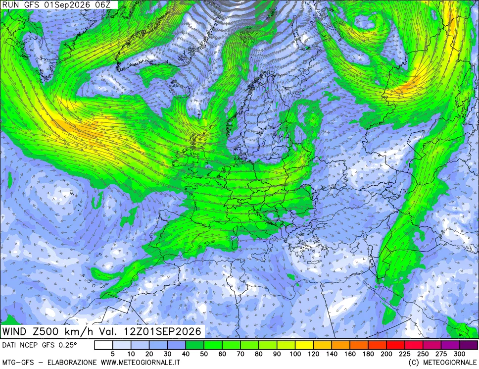 mappa 500 hPa Vento forza e direzione