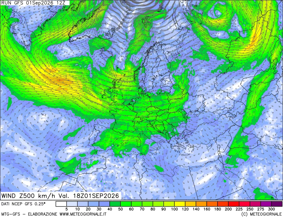 mappa 500 hPa Vento forza e direzione