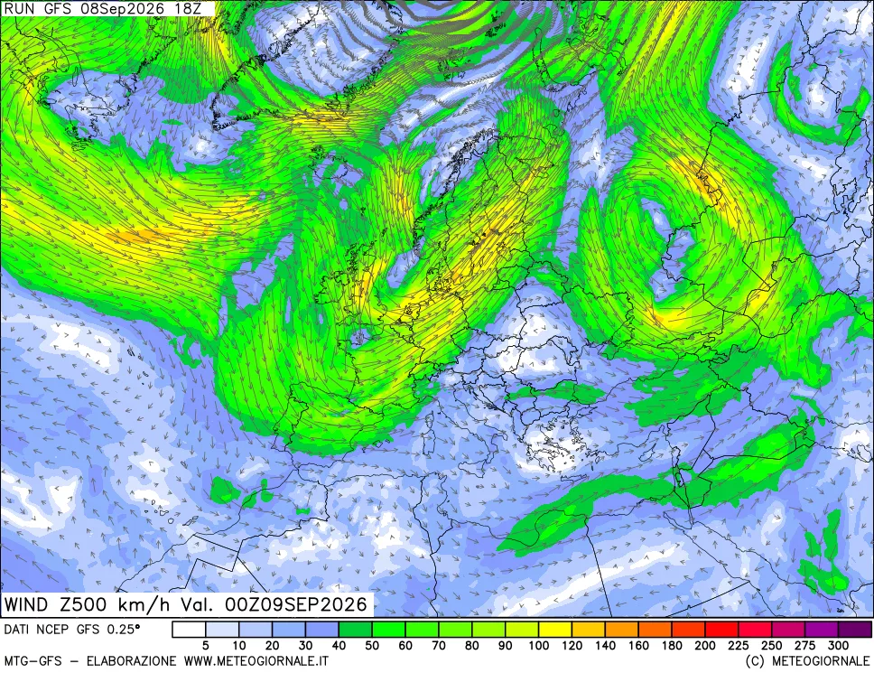 mappa 500 hPa Vento forza e direzione