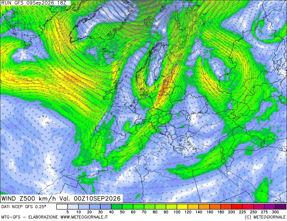 mappa 500 hPa Vento forza e direzione