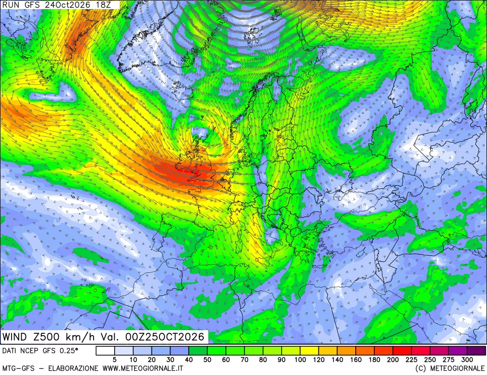 mappa 500 hPa Vento forza e direzione