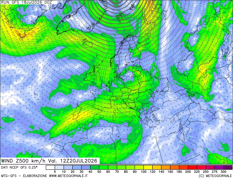 mappa 500 hPa Vento forza e direzione