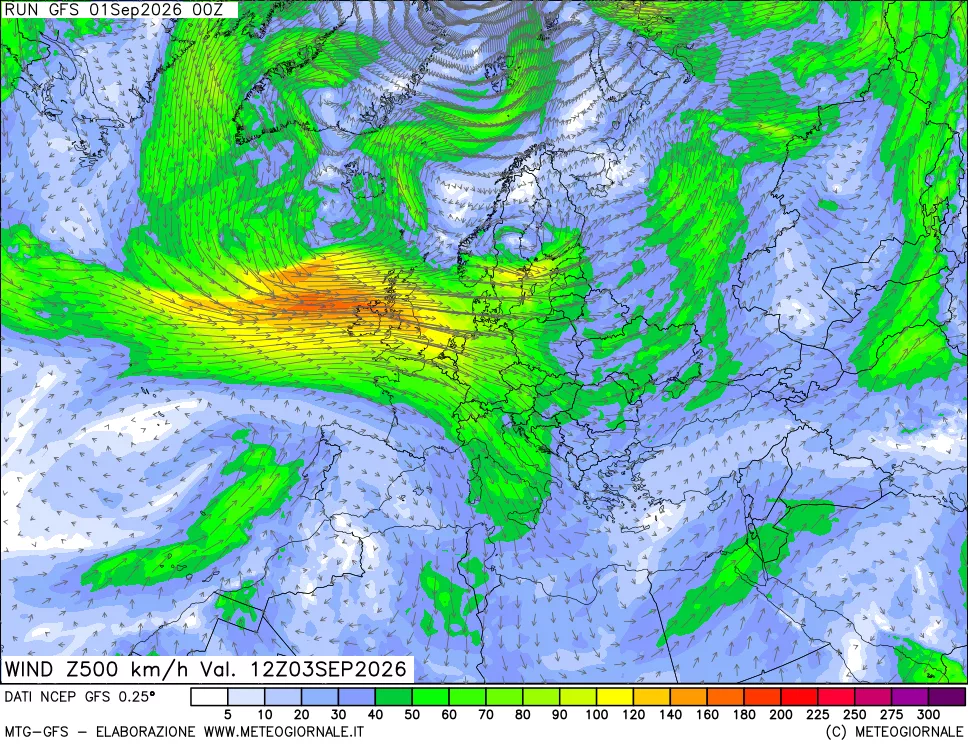 mappa 500 hPa Vento forza e direzione