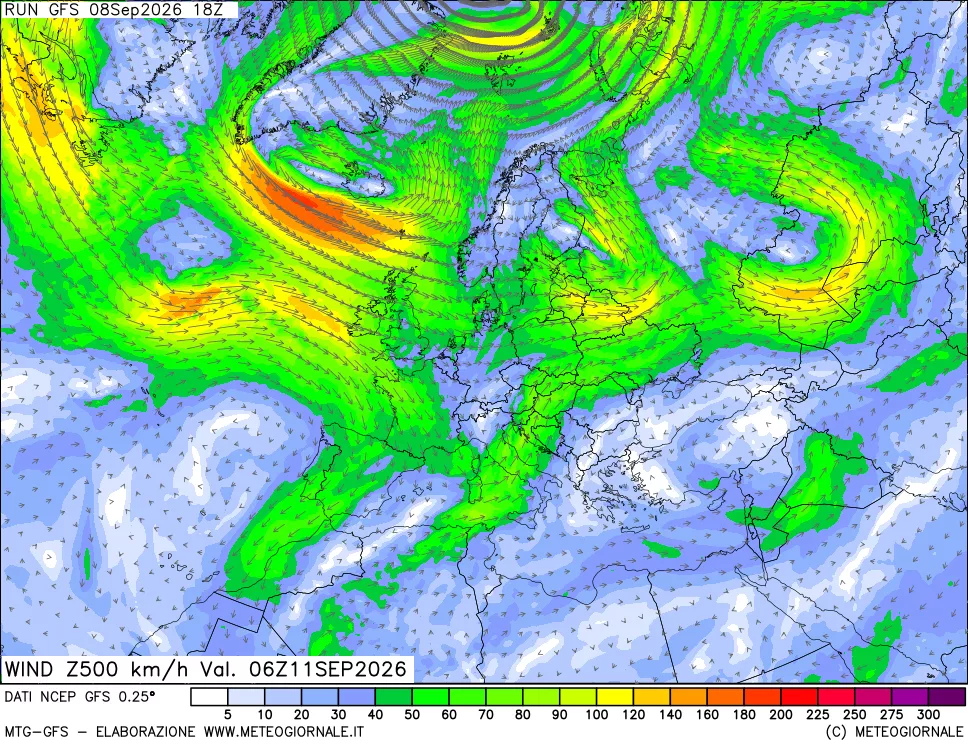 mappa 500 hPa Vento forza e direzione