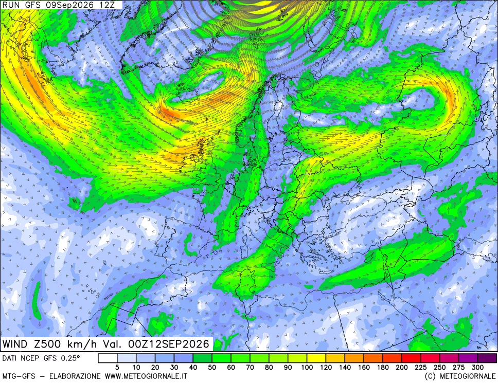 mappa 500 hPa Vento forza e direzione