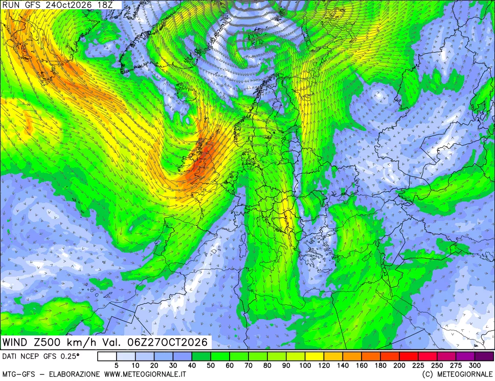 mappa 500 hPa Vento forza e direzione